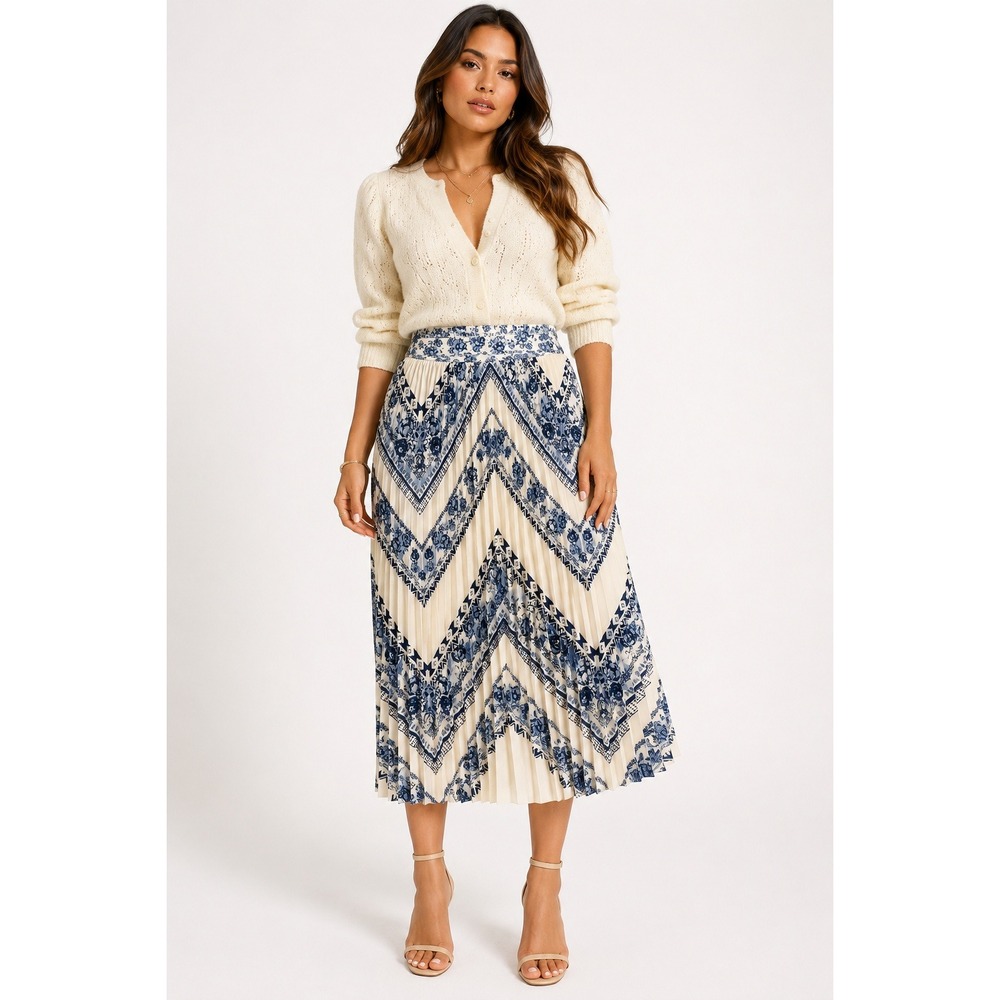 41 Hawthorn Sunny Pleated Satin Skirt Off-White Blue Floral Chevron Petite Large